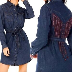 Wrangler Retro Denim Dress Embroidered Back Belt Long Sleeves Pearl Button Snaps